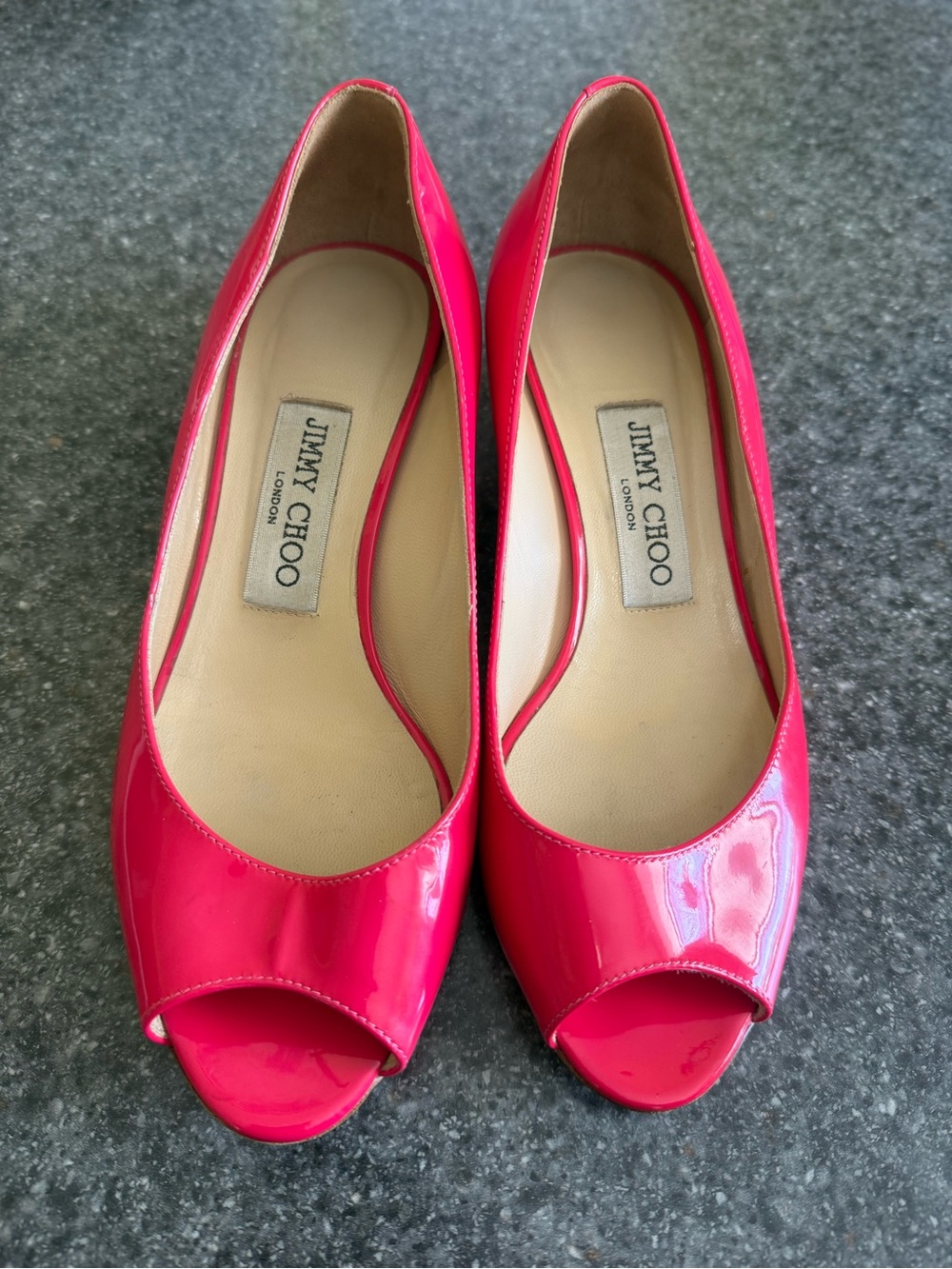 Jimmy Choo Patent Leather Open Toe Wedge Hot Pink Size 37.5/US Size 7/7.5